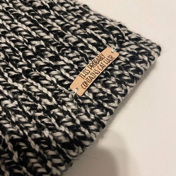 Fun homemade cat lady winter hat. Black & white slouchy knit beanie. Neon Pom - Picture 3 of 6